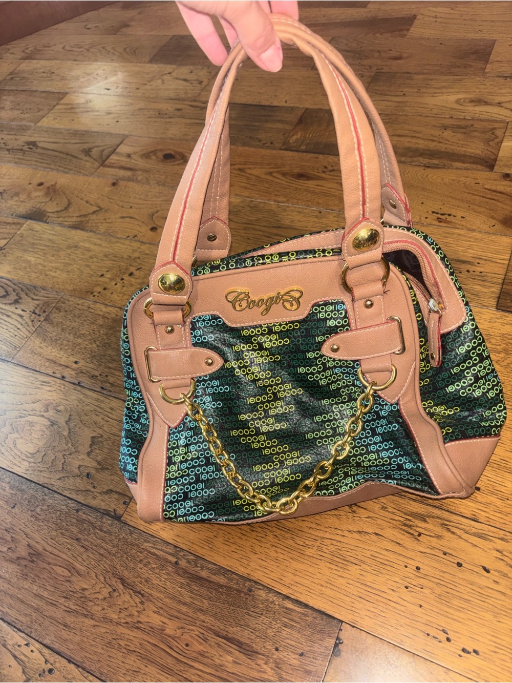 Y2K COOGI Multicolor Logo Shoulder Bag with Tan Trim and Chain Detail